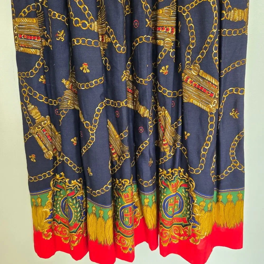 Vintage Ornate Scarf Print Midi Skirt Royal Lions Baroque Maximalist Women Small